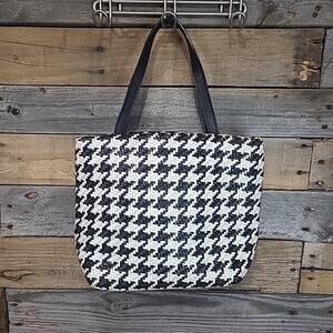 Vintage Falor Woven Leather Houndstooth Tote Italy Black White Shoulder Bag